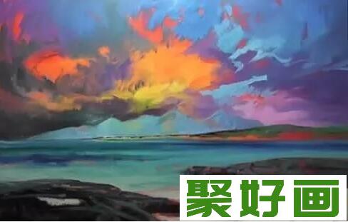 油画火烧云风景天海石