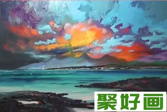 油画火烧云风景云彩绘画