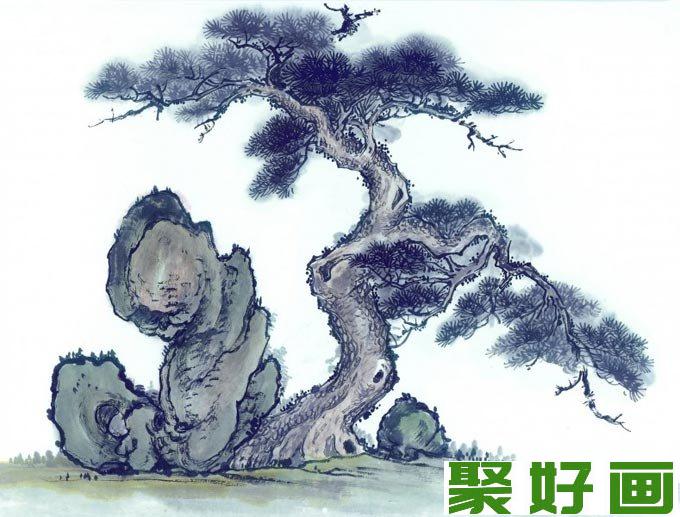 松树奇石图水墨画 松树与假山奇石的国画组合图片10P