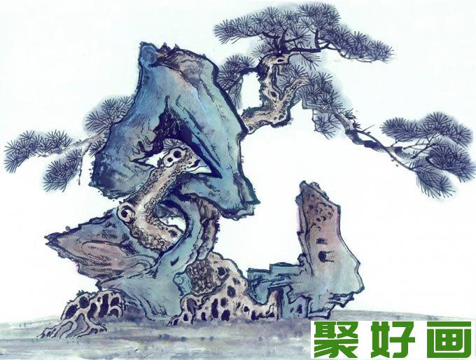 松树奇石图水墨画 松树与假山奇石的国画组合图片10P