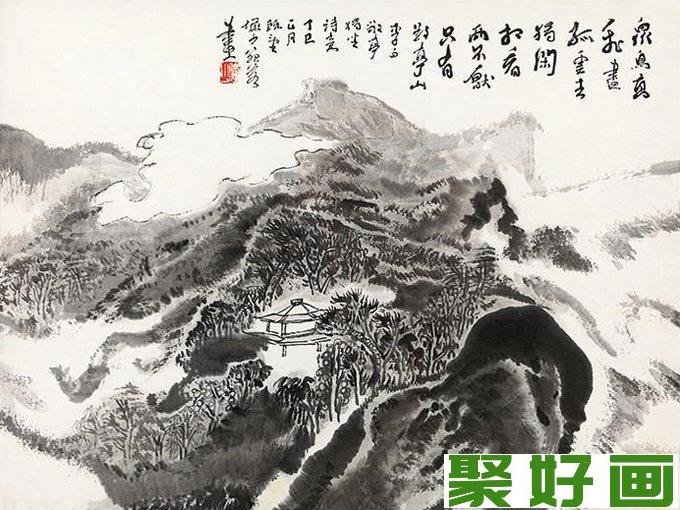 陆俨少《李白诗意图》诗配山水画《独坐敬亭山》