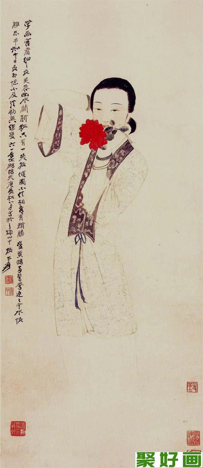 张大千《持花仕女》_张大千22岁所绘工笔人物仕女画