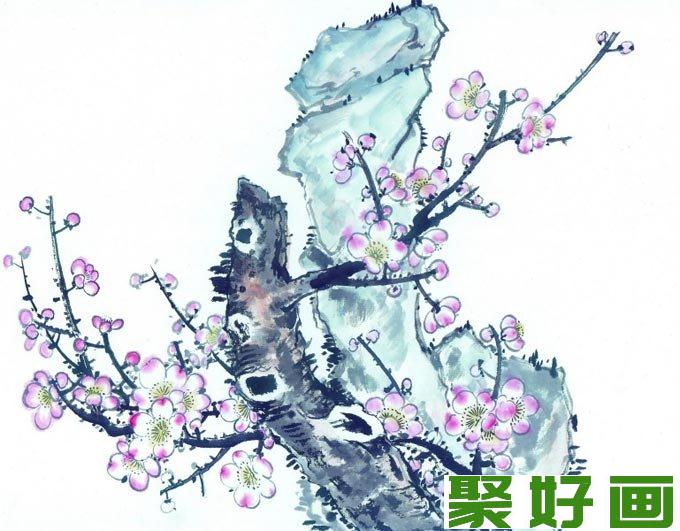 梅花奇石图水墨画04