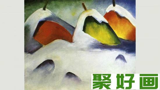 雪景绘画作品《雪中的干草垛》