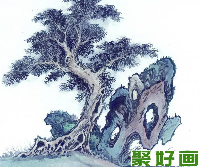 古树奇石图水墨画28