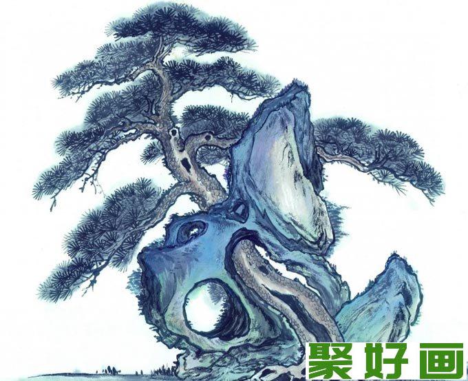 松树奇石图水墨画 松树与假山奇石的国画组合图片10P