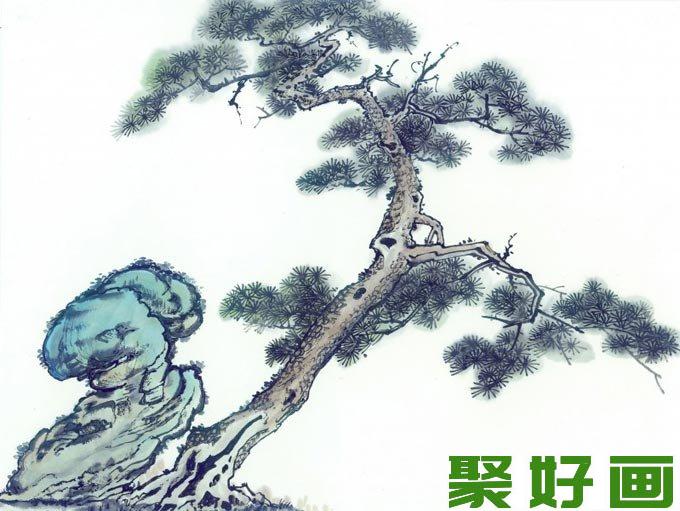 松树奇石图水墨画 松树与假山奇石的国画组合图片10P