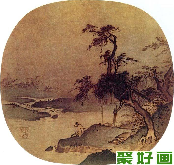 夏圭《临流赋琴图》溪流古树士人扶琴吟诵情景的水墨山水画扇面