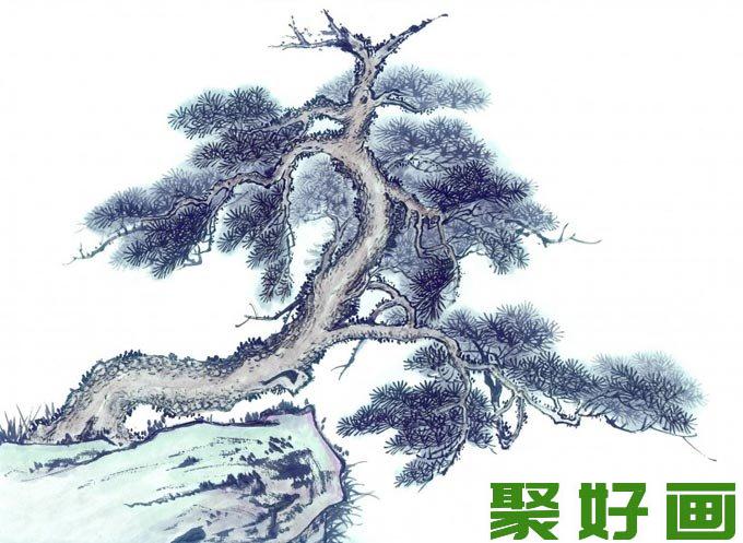 松树奇石图水墨画 松树与假山奇石的国画组合图片10P