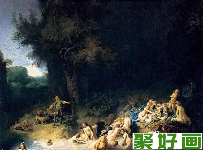 油画《戴安娜沐浴(亚克托安与卡利斯托的故事)》画家：伦勃朗