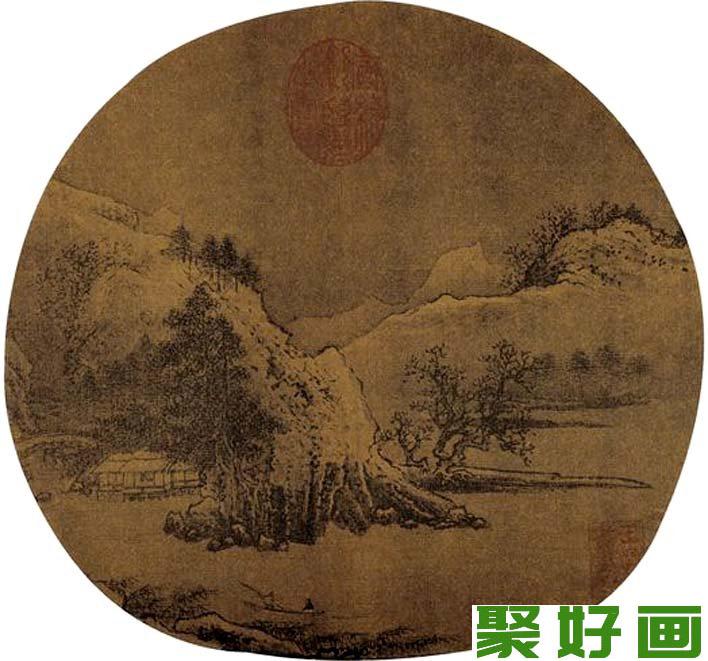 宋代《雪溪乘兴图》_描绘雪景之中乘船游历江河之间的山水扇面画