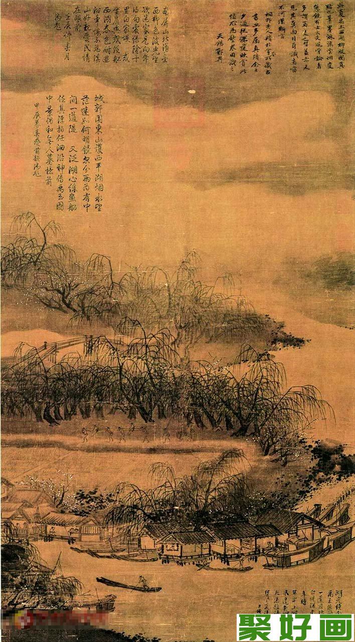 夏圭《西湖柳艇图》_描绘西湖湖滨堤岸柳林和湖中船只风景的山水名画