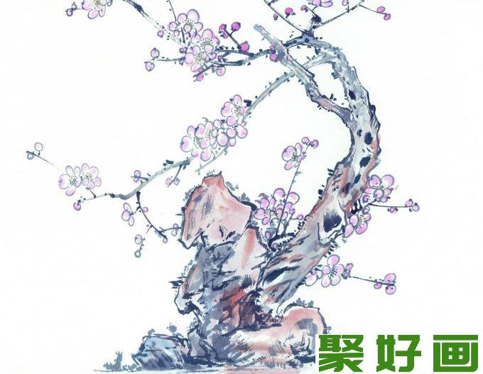 梅花奇石图水墨画11