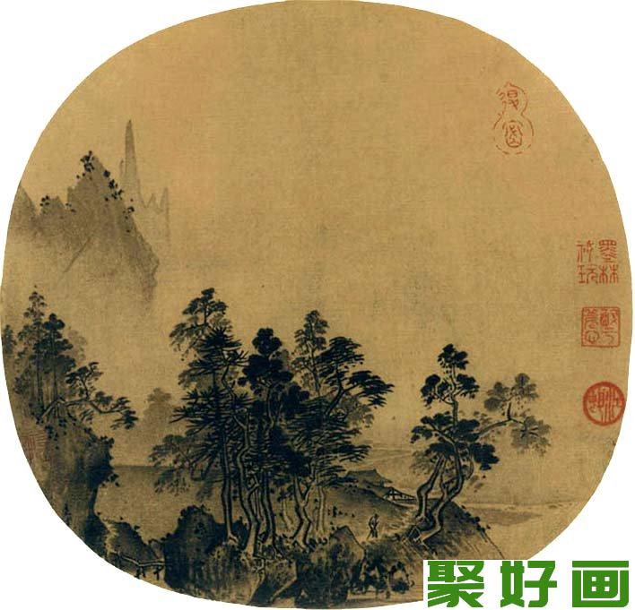 夏圭《烟岫林居图》_宋代水墨山水画扇面名画