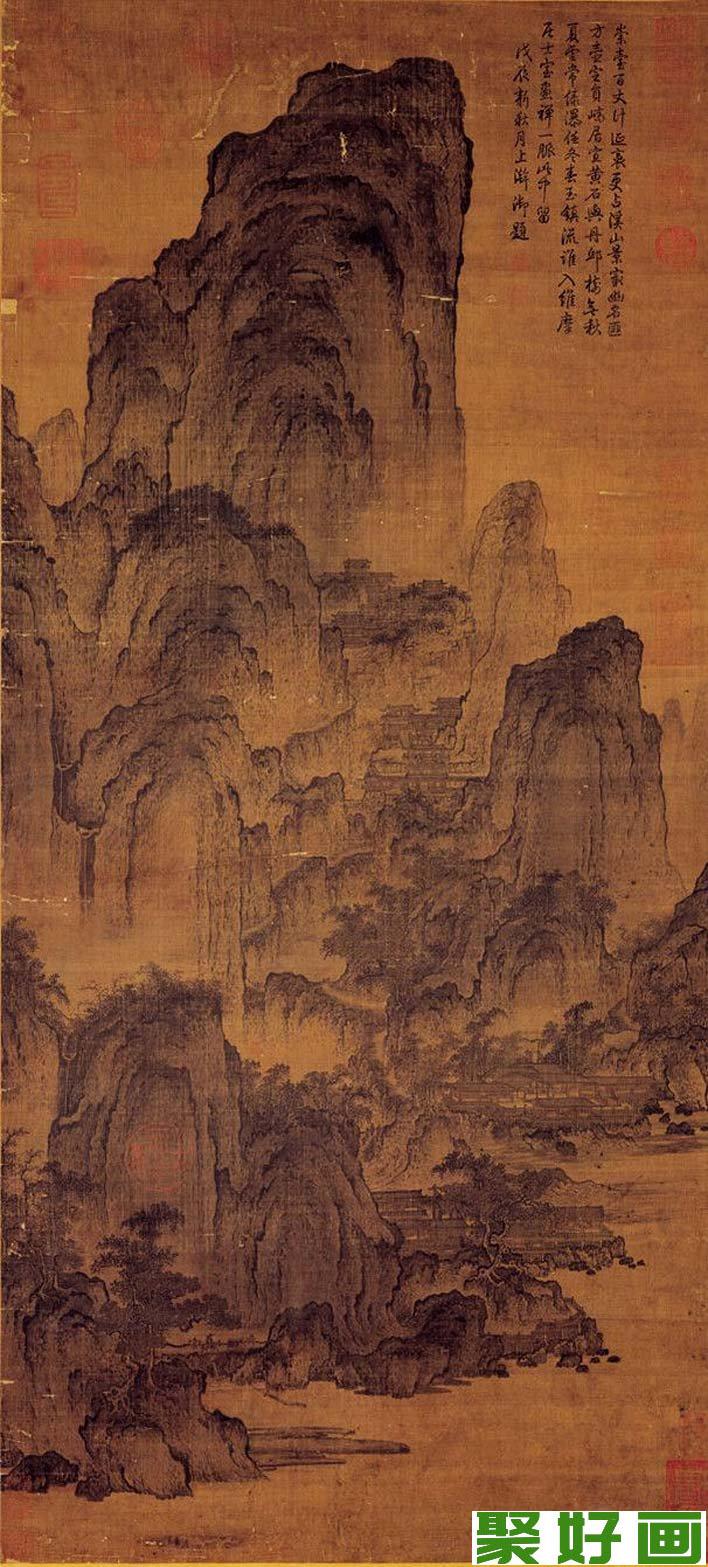 燕文贵《溪山楼观图》描绘高山峻岭的山水画高清大图