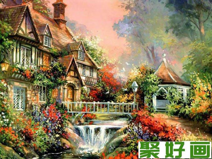 欧洲风情风景<a href=../zhonglei/youhua/ target=_blank class=infotextkey><a href=../zhonglei/youhua/ target=_blank class=infotextkey>油画</a></a>图片：美丽的山间建筑