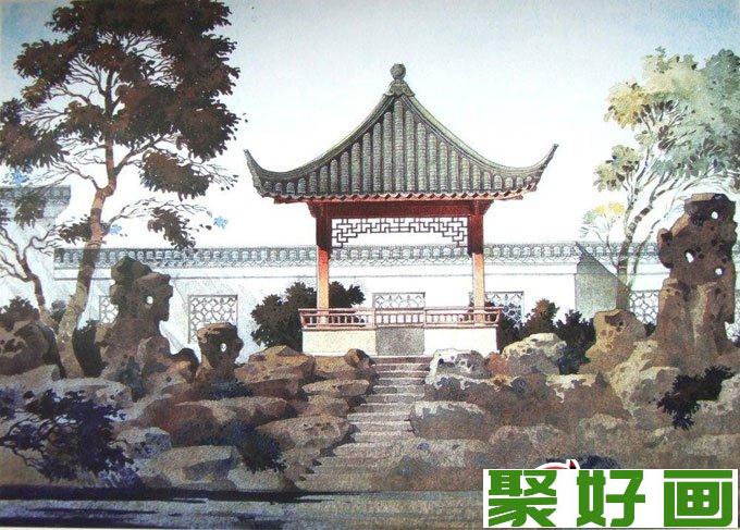 手绘园林建筑<a href=../zhonglei/shuicaihua/ target=_blank class=infotextkey><a href=../zhonglei/shuicaihua/ target=_blank class=infotextkey>水彩画</a></a>佳作:亭子,假山图