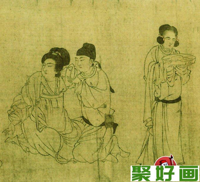 周文矩《宫中图》五代仕女白描人物画长卷局部高清2