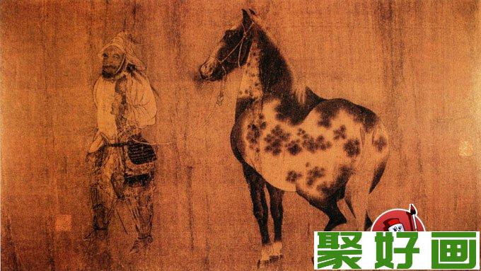 五代赵喦《调马图》人物骏马国画珍品鉴赏 