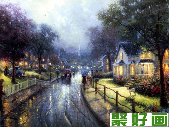 欧洲风情风景<a href=../zhonglei/youhua/ target=_blank class=infotextkey><a href=../zhonglei/youhua/ target=_blank class=infotextkey>油画</a></a>图片欣赏：夜幕下雨中的小街