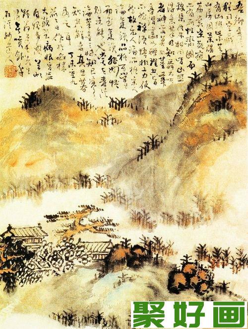 髡残山水画：松岩楼阁图