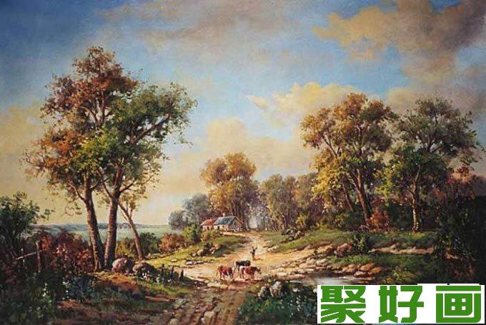 欧洲古典重彩风景<a href=../zhonglei/youhua/ target=_blank class=infotextkey><a href=../zhonglei/youhua/ target=_blank class=infotextkey>油画</a></a>图片：牧牛归来