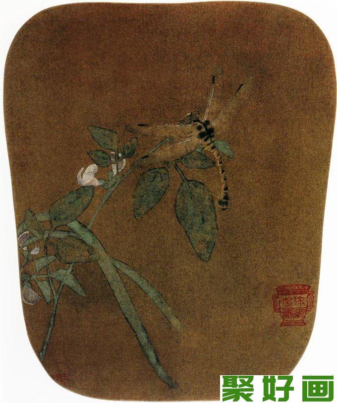 扇面工笔花鸟画《豆花蜻蜓图》五代徐熙名作