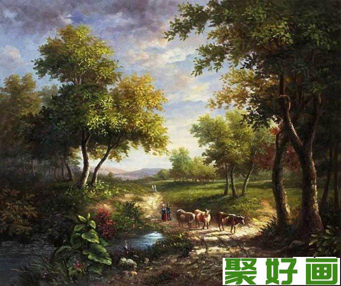 欧洲古典重彩风景<a href=../zhonglei/youhua/ target=_blank class=infotextkey><a href=../zhonglei/youhua/ target=_blank class=infotextkey>油画</a></a>图片：牧牛