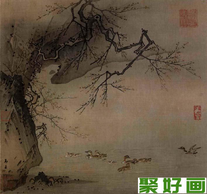 马远《梅石溪凫图》_宋代小景花鸟画传世精品