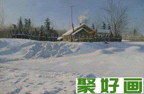 风景油画作品：感受乡村雪景