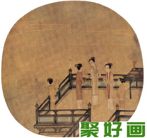 南宋刘宗古工笔人物圆扇面国画画《瑶台步月图》