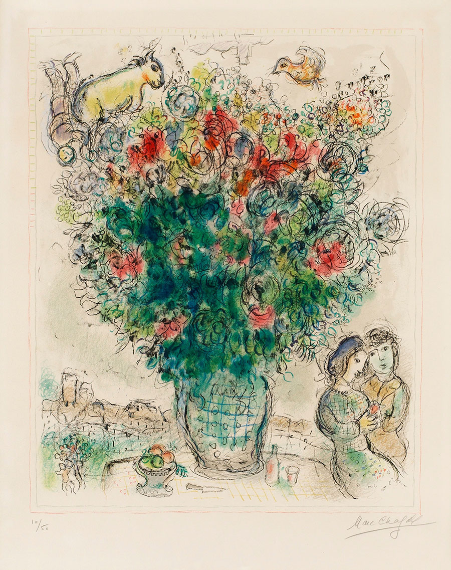  夏加尔油画作品 情侣和超大花瓶 高清大图下载
