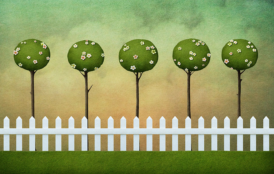 超现实梦幻画: 栅栏边的五颗树装饰画