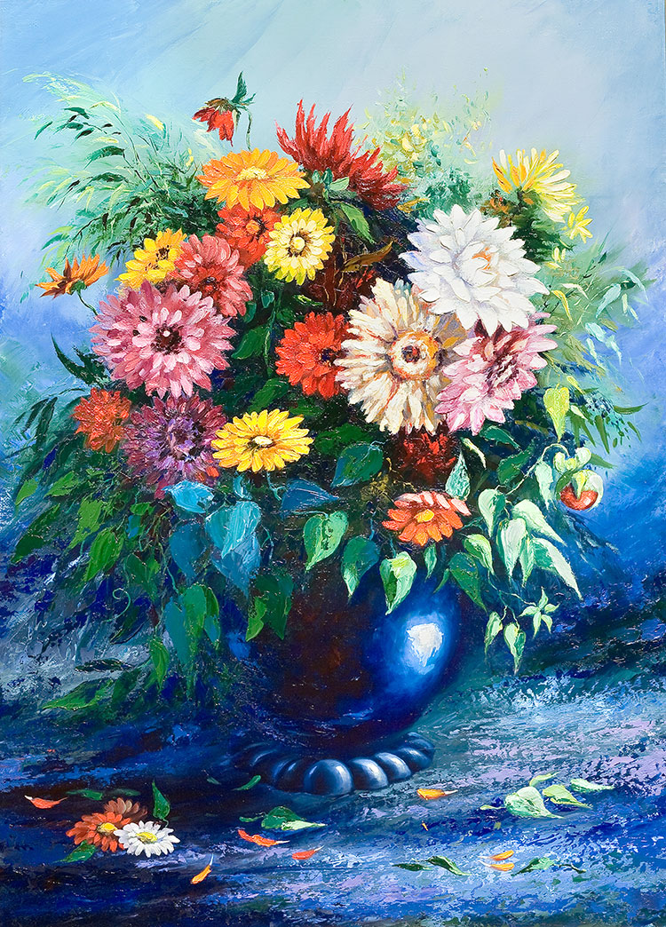 现代花卉肌理画: 瓶花装饰画 缤纷花瓶油画 A