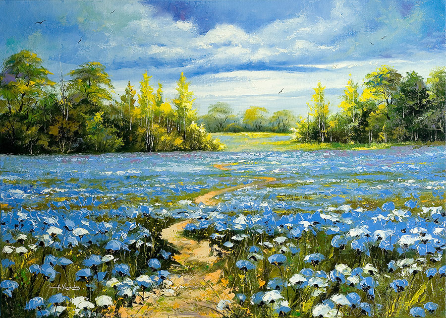 欧式田园装饰画: 开满蓝色花的田野