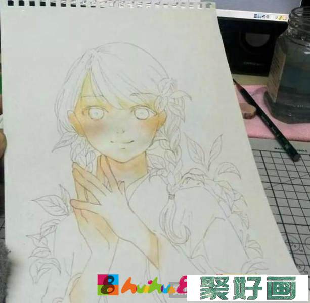 甜美风二次元女孩水彩画