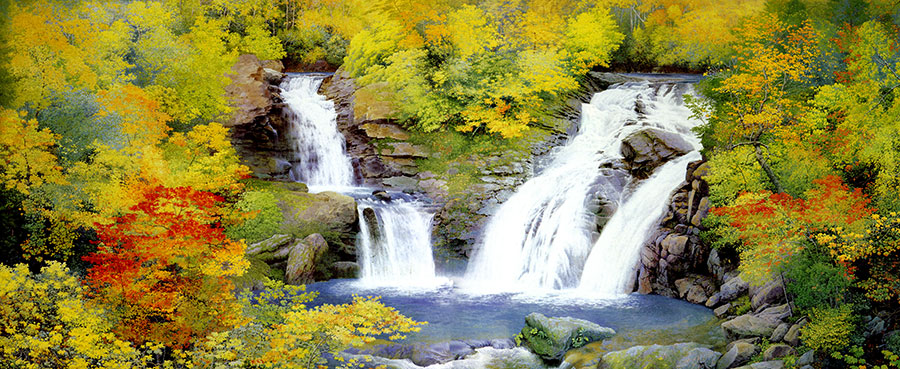 秋天山中瀑布美景 高清图片素材 下载