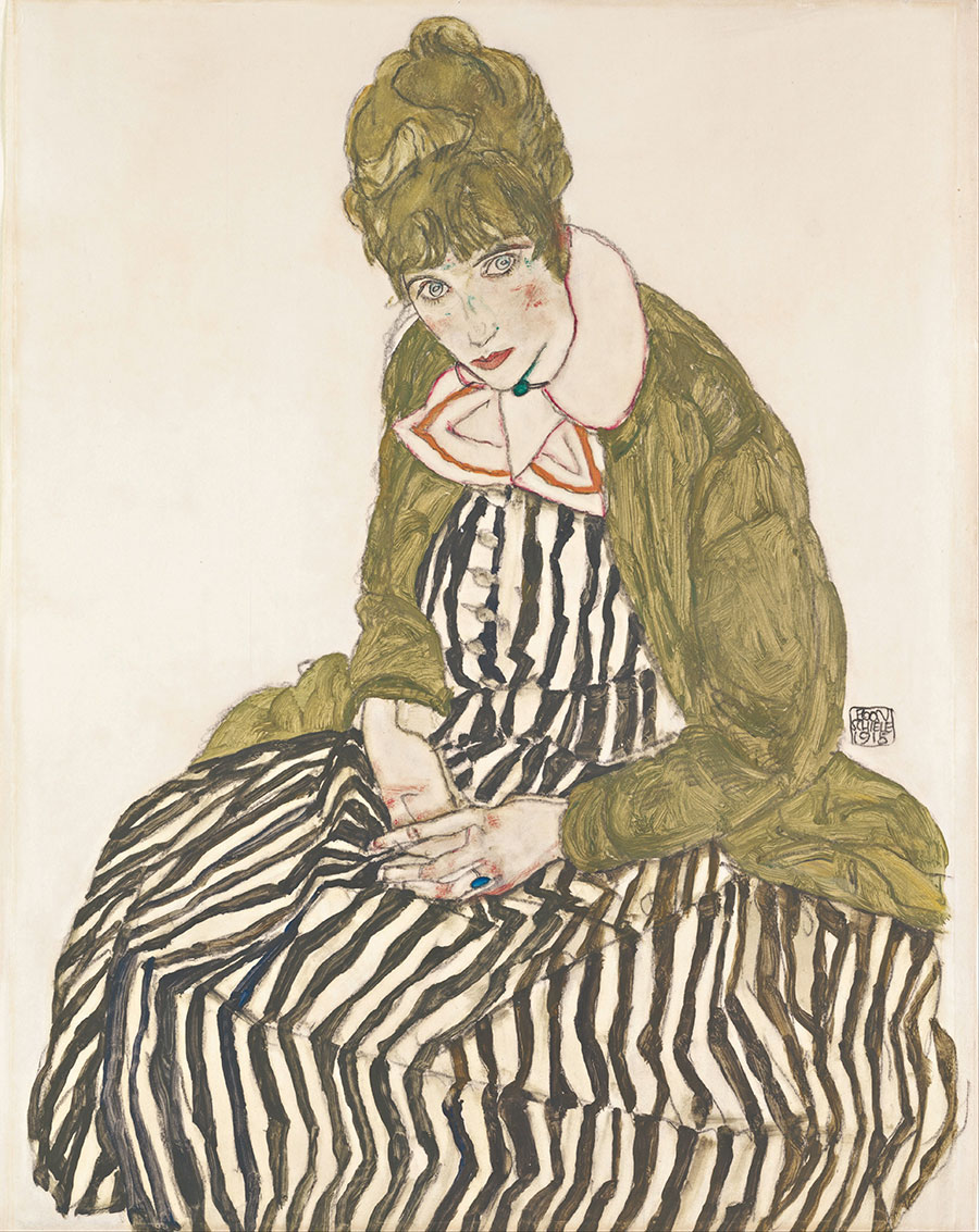 席勒作品:穿条纹裙的爱迪丝 Edith Schiele in striped dress, sitting