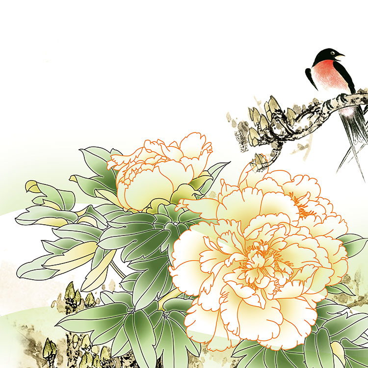 中式客厅三联装饰画素材:国画牡丹花鸟画 B
