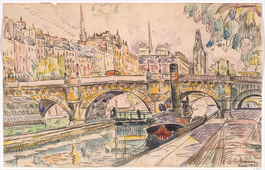 西涅克水彩画作品: 巴黎新桥的拖轮Tugboat at the Pont Neuf
