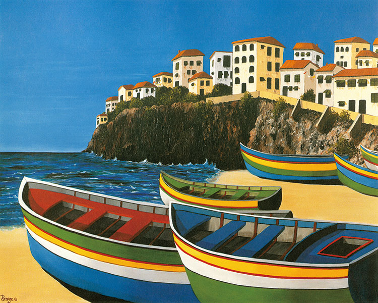 欧式风景装饰画素材: 海边七彩的船油画 B