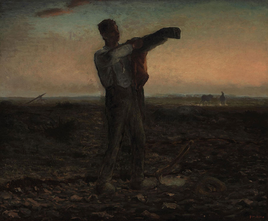 米勒油画作品:田野里穿衣服的农民油画欣赏