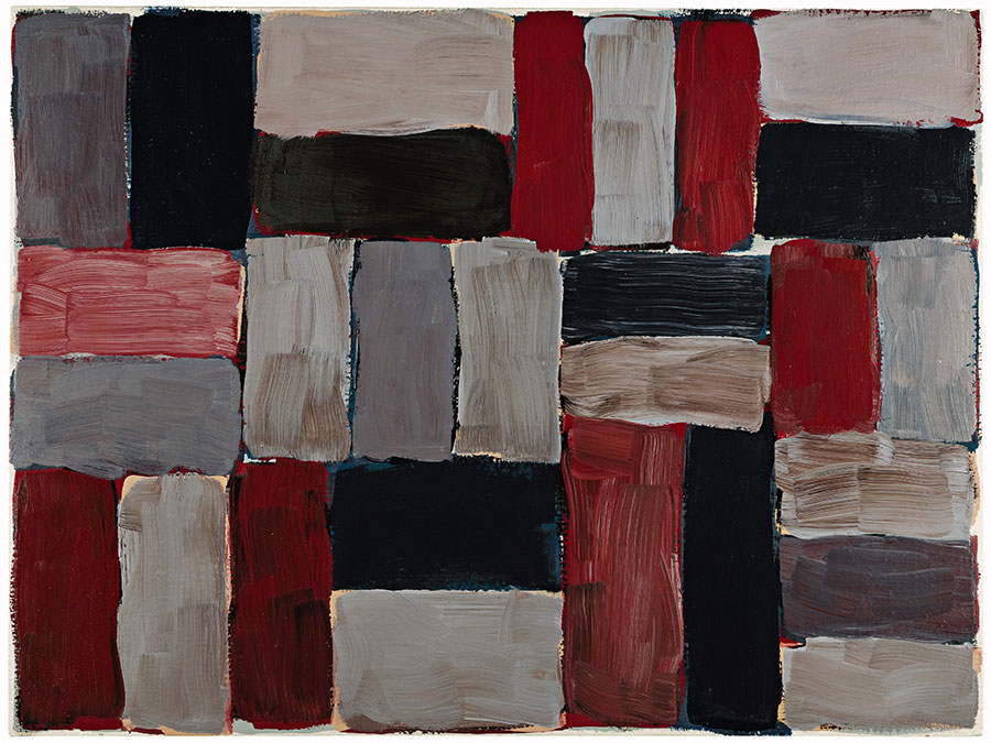 色块抽象油画:红色和灰色方格制成的抽象画