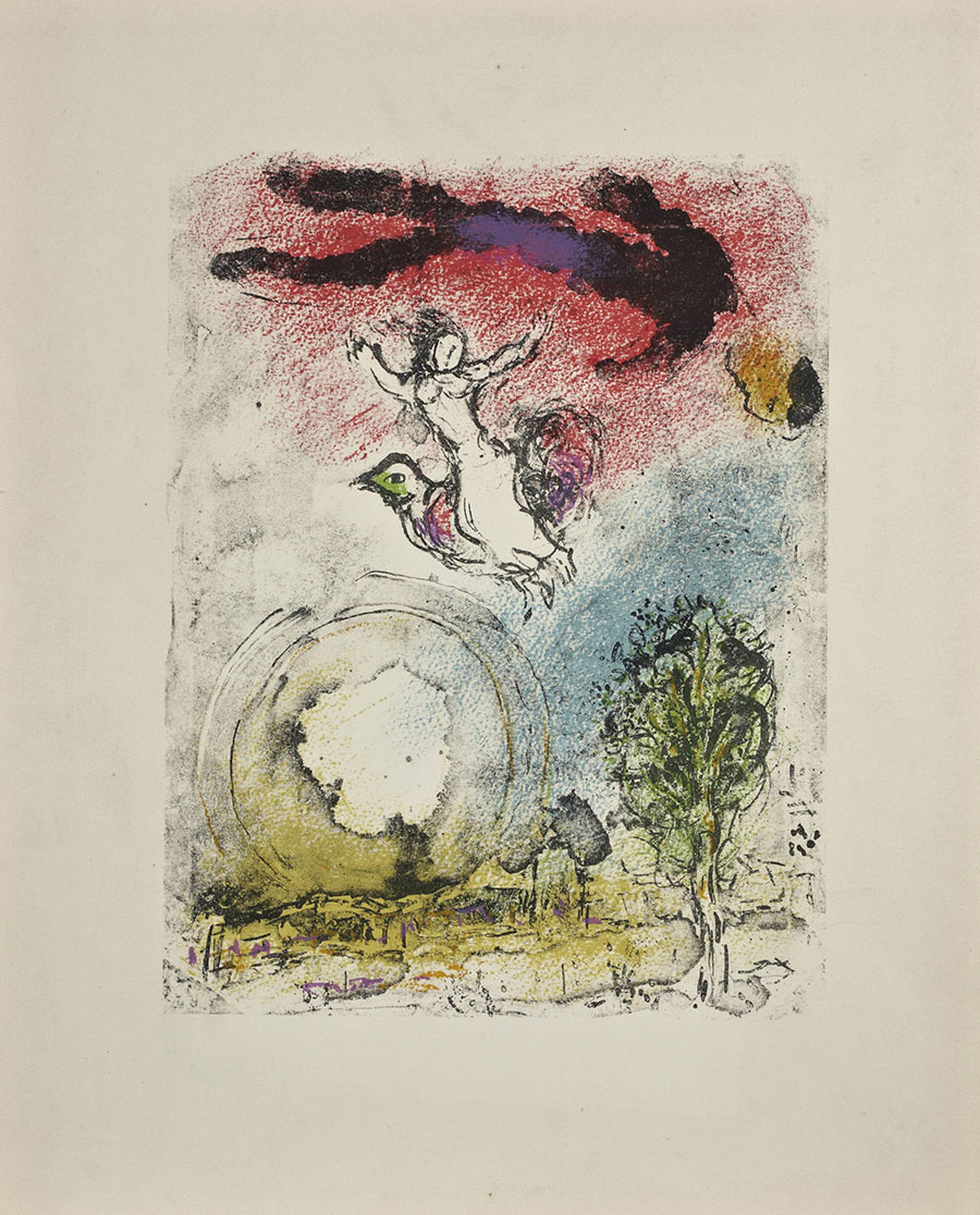 夏加尔油画作品: 骑鸡在天空中飞  高清图片素材下载