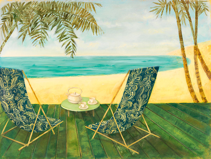 唯美海滩画: 绿色的躺椅装饰画欣赏 A