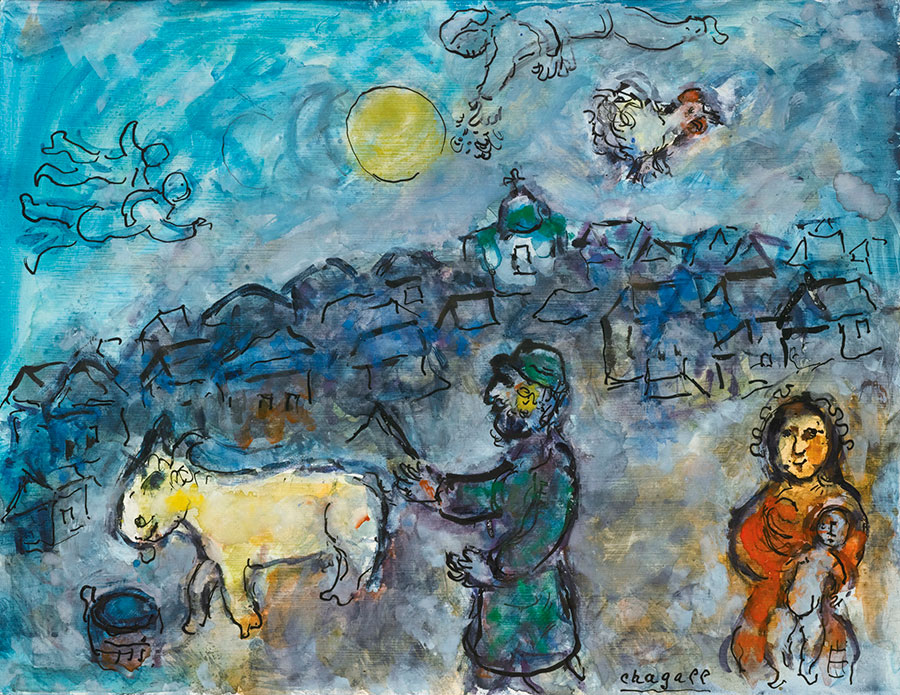 夏加尔油画作品: 村庄建筑和白羊 高清大图下载