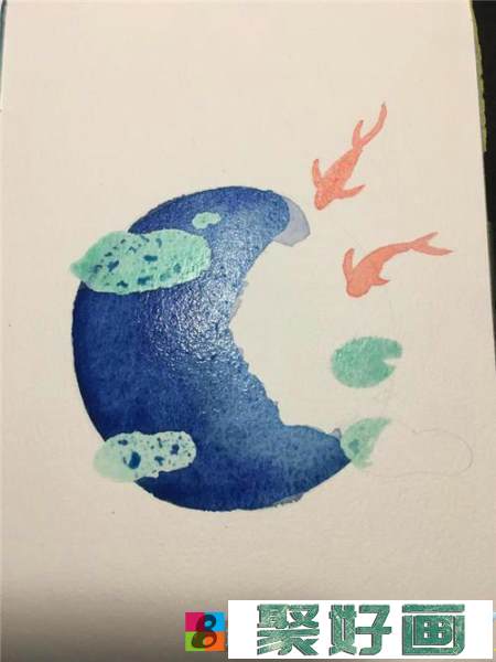 荷塘鱼水彩画
