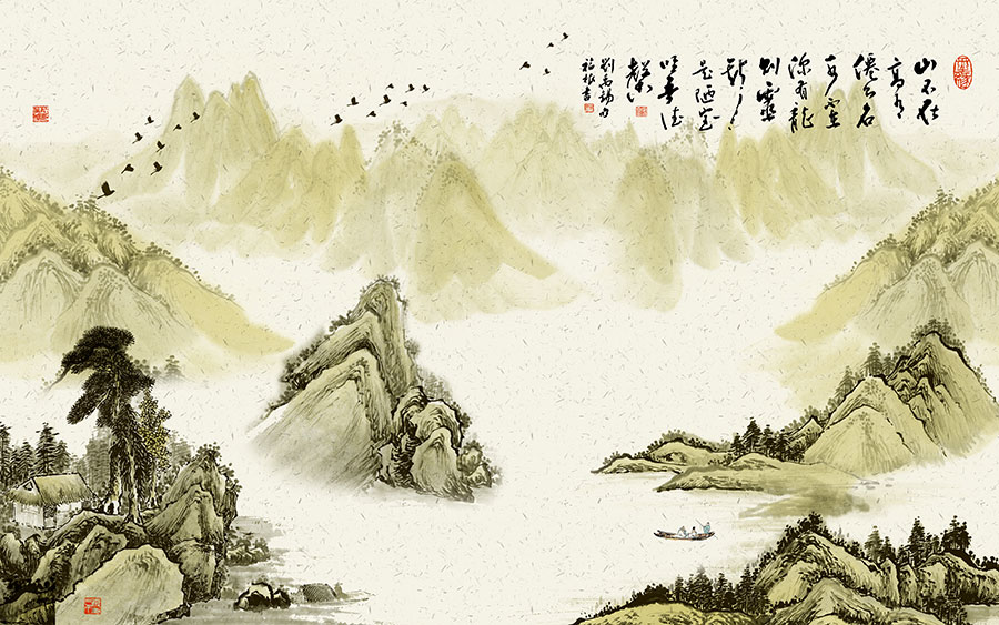 现代新中式山水画背景墙素材下载 A
