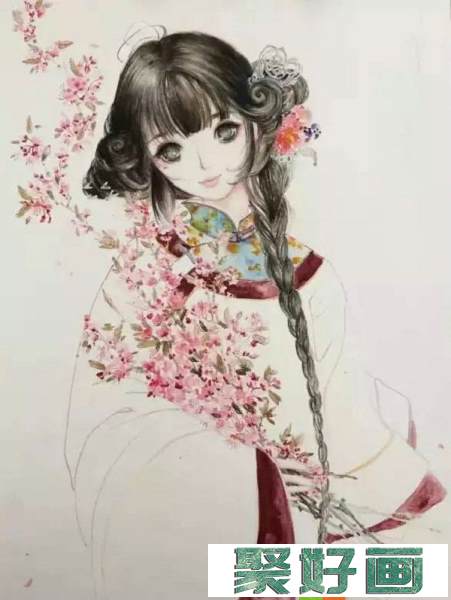 【水彩画】抱海棠花的女孩画法图解教程32