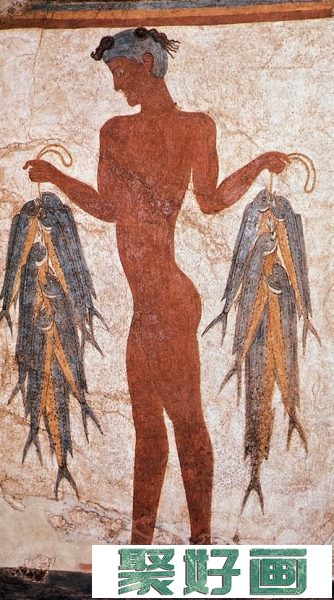 手提捕获物的年轻渔夫/希腊/壁画/高134.6厘米/雅典国立考古博物馆藏